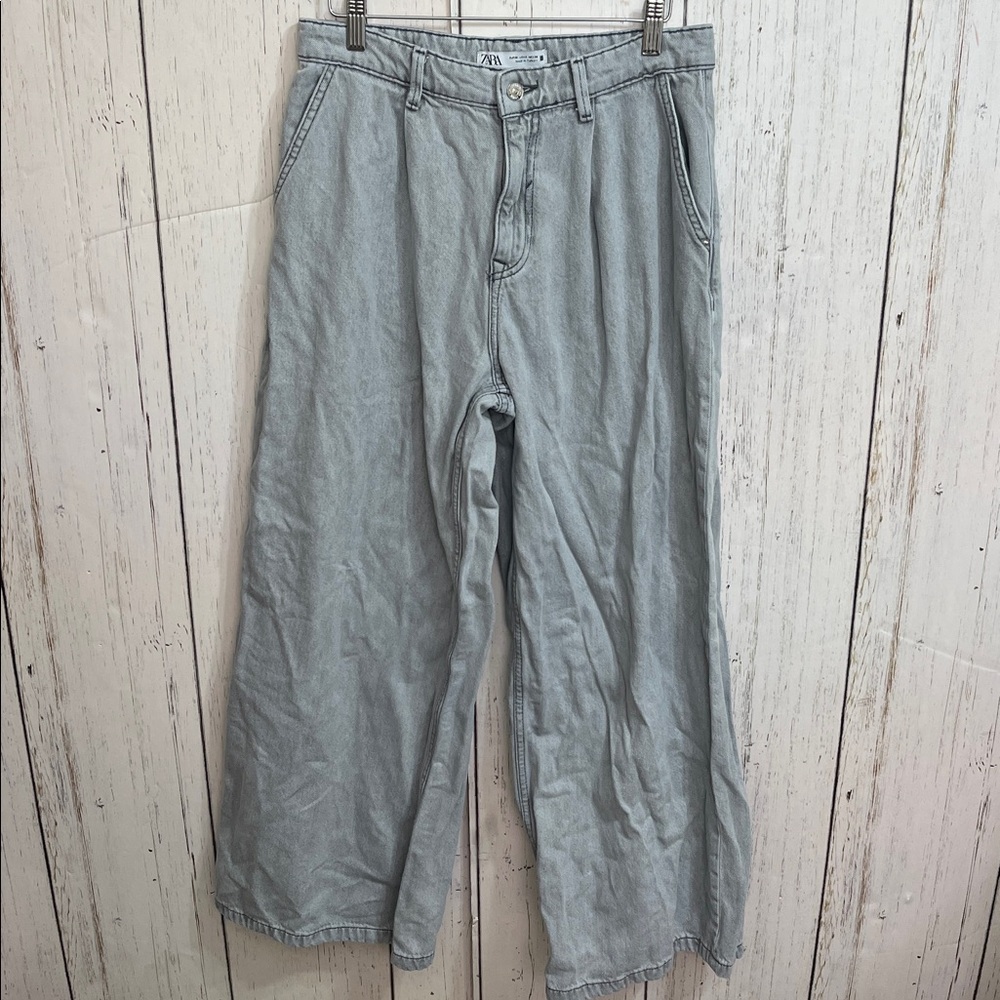 Zara Light Gray Denim Wide Leg Crop Ankle Pants Size 6